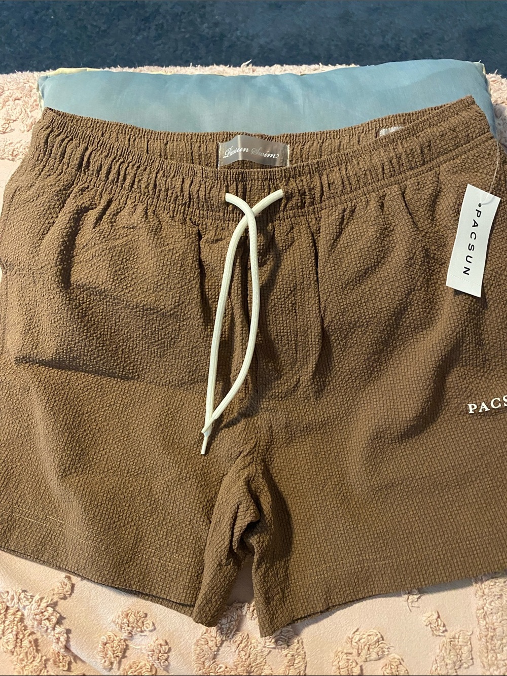 PacSun Brown Seersucker Drawstring Swim Trunks